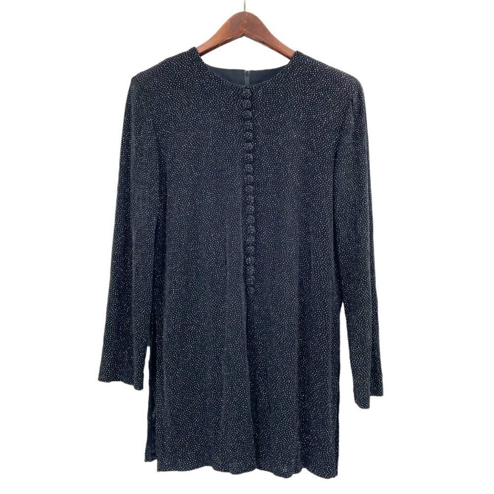 Vintage J.B.S. Ltd Black Rhinestone Long Sleeve Tunic Button Front Womens 14